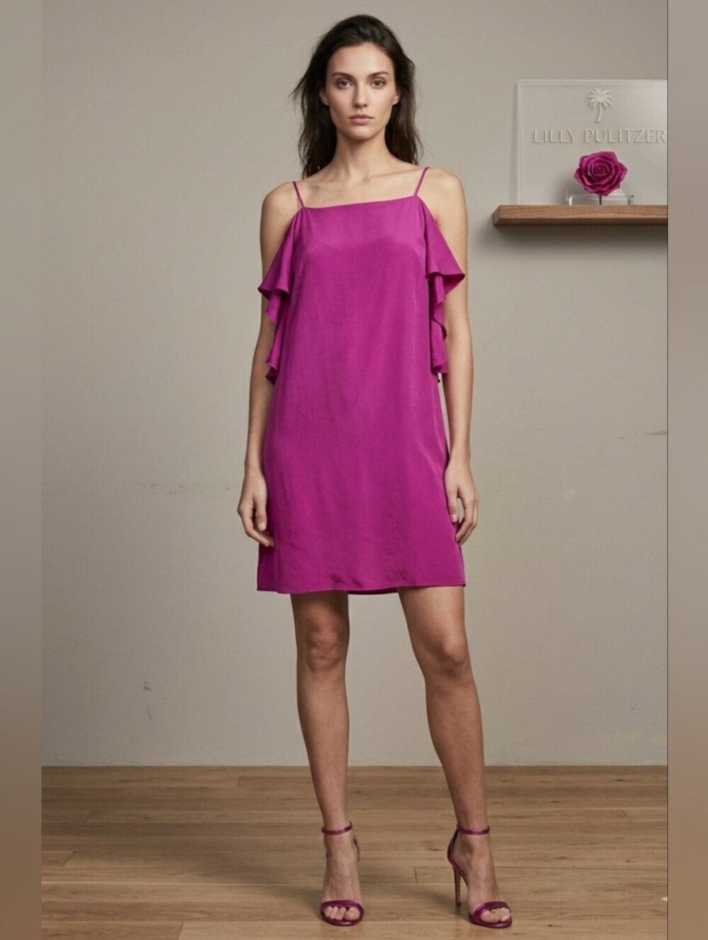 Lilly Pulitzer Fuchsia Cold-Shoulder Ruffle Mini Dress
